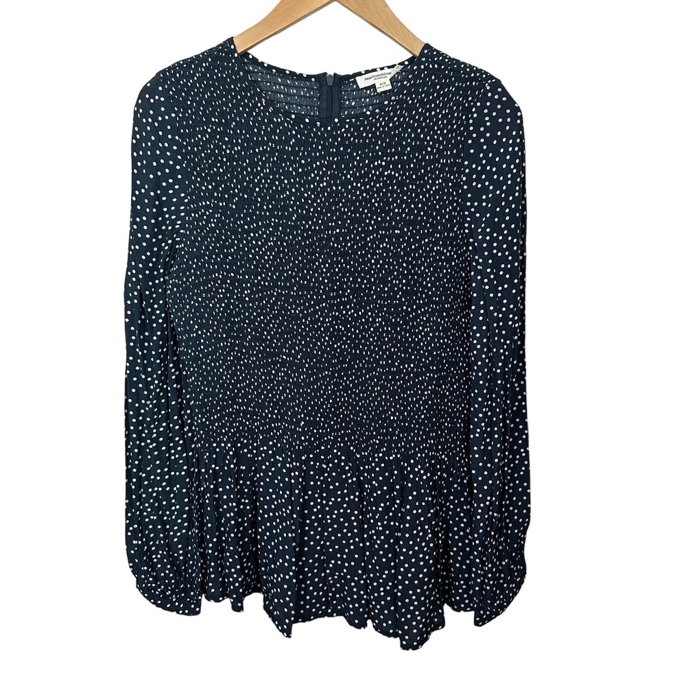 Beach Lunch Lounge Blouse Womens Small Navy Polka Dot Smocked Balloon Sleeve Top